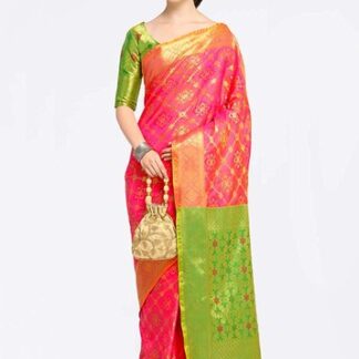 Luxowear Pink Silk Blend Woven Design Kanjeevaram Saree
