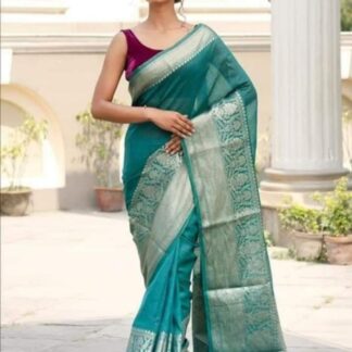 Rama Green Semi linen silk dyeble zari scurt plain body soft silk banarasi saree