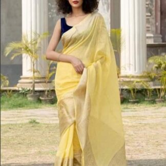 Leman YellowSemi linen silk dyeble zari scurt plain body soft silk banarasi saree