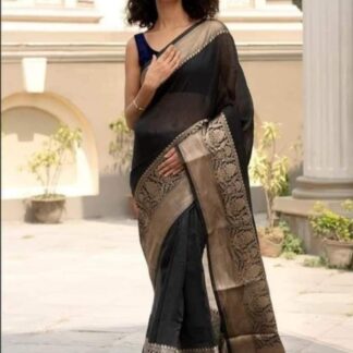 Black Semi linen silk dyeble zari scurt plain body soft silk banarasi saree