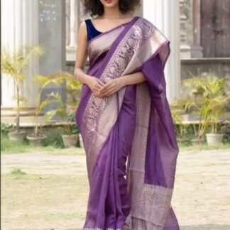 PurpleSemi linen silk dyeble zari scurt plain body soft silk banarasi saree