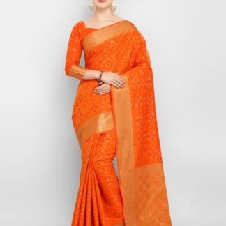 Orange Silk Blend Woven Design Kanjeevaram Saree