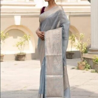 Grey Semi linen silk dyeble zari scurt plain body soft silk banarasi saree
