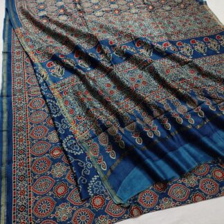 Handloom chanderi ajrak block printed cotton silk sari with blouse