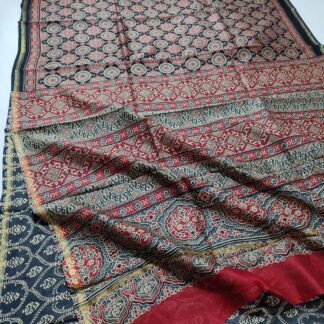 Handloom chanderi ajrak block printed cotton silk  with blouse