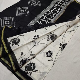 9-Items Black and White chanderi Cotton Silk hand block printed  saree Original  Handloom   with blouse