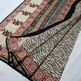 Original  Handloom cream chanderi  bagru hand block printed cotton silk saree with blouse.