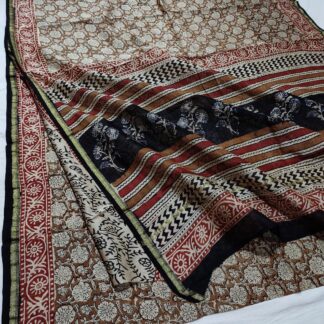 Original  Handloom brown chanderi  bagru hand block printed cotton silk saree with blouse.