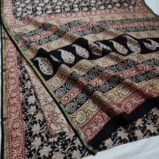 Original  Handloom black chanderi  bagru hand block printed cotton silk saree with blouse.