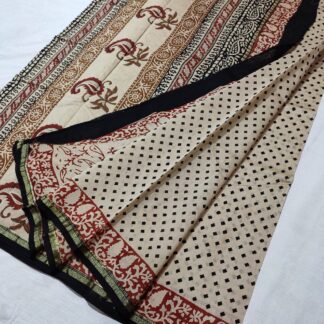 Original  Handloom cream chanderi  bagru hand block printed cotton silk saree with blouse.