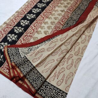 Original  Handloom cream chanderi  bagru hand block printed cotton silk saree with blouse.
