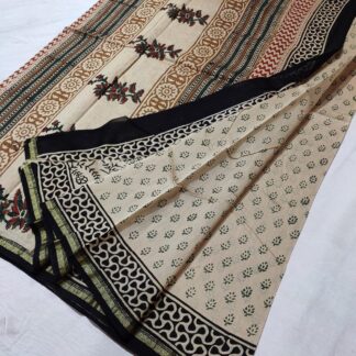 Original  Handloom cream chanderi  bagru hand block printed cotton silk saree with blouse.