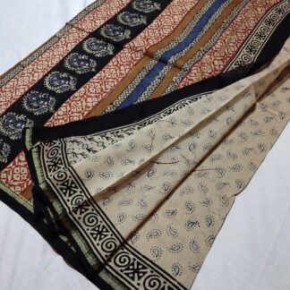 Original  Handloom cream chanderi  bagru hand block printed cotton silk saree with blouse.