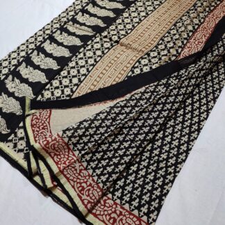 Original  Handloom black chanderi  bagru hand block printed cotton silk saree with blouse.