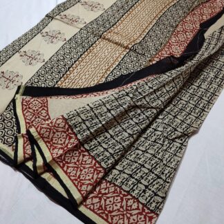 Original  Handloom cream chanderi  bagru hand block printed cotton silk saree with blouse.