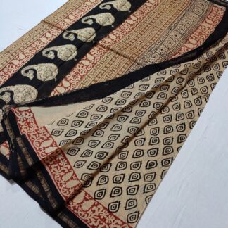 Original  Handloom cream chanderi  bagru hand block printed cotton silk saree with blouse.