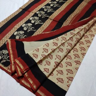 Original  Handloom cream chanderi  bagru hand block printed cotton silk saree with blouse.
