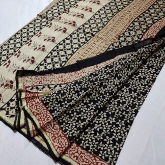 Original  Handloom black chanderi  bagru hand block printed cotton silk saree with blouse.