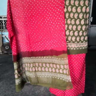 Hand block henna green-pink steem decharge print suit with bandh
