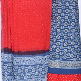 Hand block Blue-Red steem decharge print suit with bandh