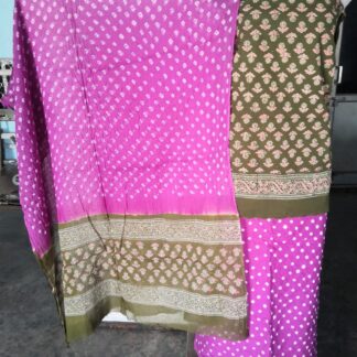 Hand block Purple and Heena green steem decharge print suit with bandh