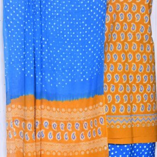 Hand blocK Golden-yellow and Blue decharge print suit with bandh