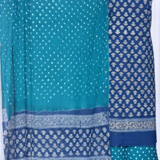 Hand blocK Blue and Sea-green decharge print suit with bandh