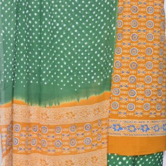 Hand blocK Golden yellow and Green decharge print suit with bandh