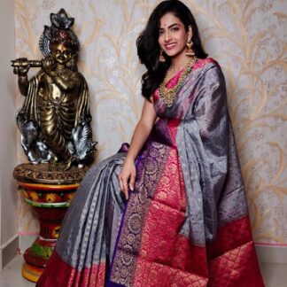 Grey And Red Warm silk dyeable zari  saree