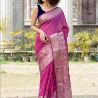 Magenda Semi linen silk dyeble zari scurt plain body soft silk banarasi saree