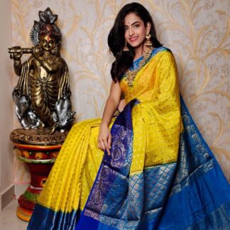 Yellow-Blue Warm silk dyeble zari  banarasi saree